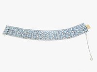 Full bracelet laid flat showing five rows of light blue rhinestones and safety chain