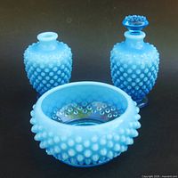 Full group view of three Fenton blue opalescent hobnail pieces