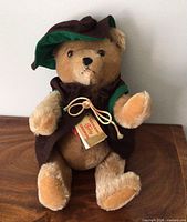 Front view of teddy bear seated, showing tag, cape and hat