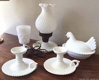 Group shot of all five milk glass items