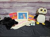 Group shot of all items: lithograph, albums, plush toys, planters, blanket