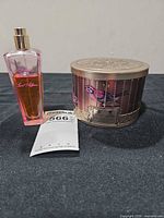 Penhaligons Birdcage tin, Live Affair bottle, scale reference