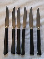 Six identical serrated steak knives laid out showing full view