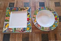 Front view showing square platter and round bowl with Vintage Labels borders