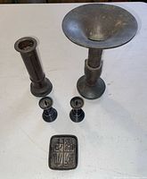 Group shot of Gu vase, incense burner, two candlesticks and rectangular tray