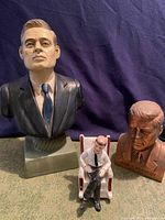 Three JFK items: large ceramic bust, copper metal bust, salt & pepper JFK figure