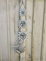 Full view of sun hanging and frog against fence