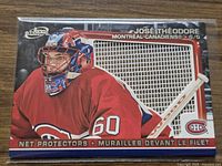 Front of José Théodore Net Protectors card showing player image, embedded net piece and branding
