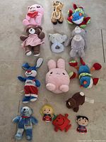 Group shot of all 14 plush toys laid out on floor