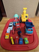 Overview of all vehicles on red tray