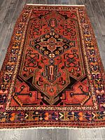 Full view of entire rug showing geometric design and borders