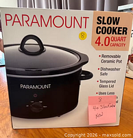 Front of boxed Paramount 4.0-quart slow cooker showing full product image and brand