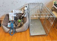 Group shot: crate, bed, toys, leashes, accessories