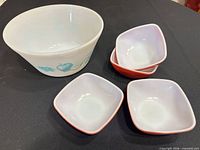 Federal Glass mixing bowl and four Pyrex bowls top view