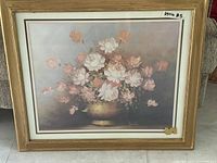 Full view of framed floral still life print showing artwork, frame, mat and signature