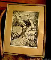Full view of framed etching with mat and metal frame