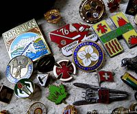 Close-up view of several enamel lapel pins showing Barbados scenic square, 1976 Lethbridge Canada Games red map, bowling association round, maple leaf Canada, Swiss cross and others