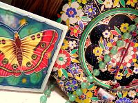 Butterfly porcelain trinket and floral tin with green beads