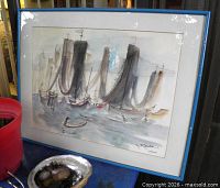 Full view of framed acrylic on silk painting in blue frame with mat