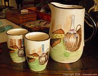 Pitcher with two tumblers showing Genie pattern