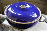 Top view of blue enameled Dutch oven with lid in place
