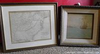 Overall view of both framed pieces: map left, watercolor right