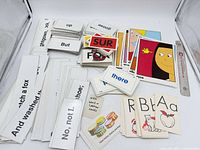 Overview of assorted flash cards spread out showing different sizes and types