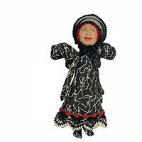 Front view of handmade cloth doll showing full dress, lace trim and polymer clay face