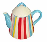 Full view of teapot showing vertical stripe design, lid on