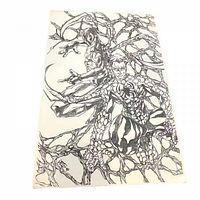 Full view of ink illustration showing Spider-Man with symbiote tendrils