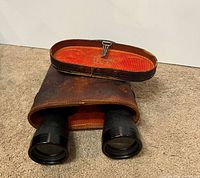 Binocular objectives showing black textured barrels protruding from worn brown leather case; strap displayed