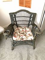Front view of wicker armchair showing overall form and cushion