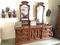 Full view of dresser with two mirrors and drawer layout