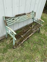 Full view of bench against shed showing overall condition