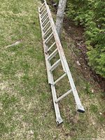 Full view of aluminum extension ladder laying on grass