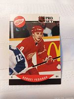 Front of Pro Set Sergei Fedorov rookie card showing player image and team logo