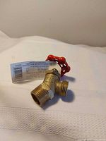 Overall view of brass 45° boiler drain valve with tag attached