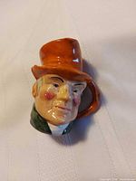 Front view of small Artone character pitcher showing facial detail and top hat spout