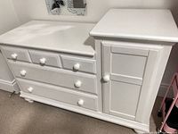 Front view of Ragazzi white dresser showing drawers and cabinet