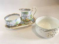 Silver Birch creamer, sugar, tray and For All Seasons bowl
