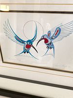 Close-up of artwork showing two hummingbirds, signature and edition number visible