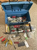 overall lot with toolbox open, tray, fasteners, hand tools displayed