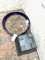 Round deep blue ceramic planter with soil inside and black object beside