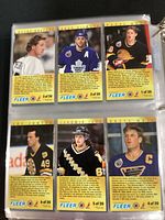 Binder page featuring subset cards of Pavel Bure, Doug Gilmour, Wayne Gretzky, Brett Hull, Jaromir Jagr, Joe Juneau