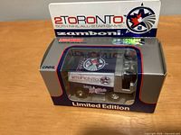 Boxed die-cast Zamboni model showing front and top graphics highlighting 2000 NHL Toronto 50th Anniversary All-Star Game branding