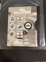 Front view of the 2001 NHL All-Stars mint souvenir stamp sheet showing four stamps and central logo