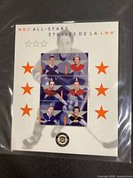 Front view of mint 2002 NHL All-Stars stamp pane showing six stamps and design