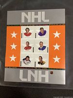 Front view of 2004 Canada Post NHL All-Stars stamp pane showing six stamps and design details