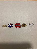 Five NHL team logo enamel pins aligned on neutral background