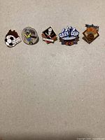 Front view of five sports logo pins